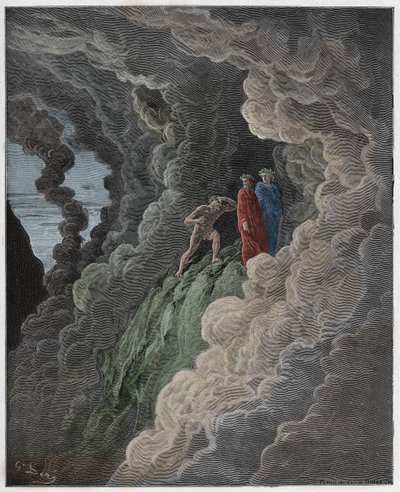 Purgatorio, Canto 16: Marco Lombardo volgt de dichters door de rook, illustratie uit De Goddelijke Komedie van Dante Alighieri, 1885 door Gustave after Dore